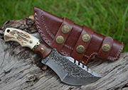 Small Hammered Damascus Tracker Knife Stag Handle Hunting Skinning Knives Blades Blade Knife