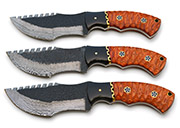 Damascus Hunting Knife with Hand-Carved Orange Wood Handle, Leather Sheath