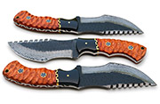 Damascus Hunting Knife with Hand-Carved Orange Wood Handle, Leather Sheath